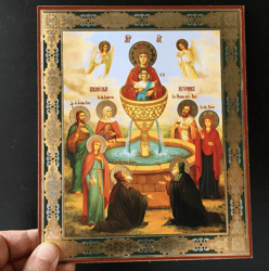 The Life giving  Spring Mother of God  |  Gold foiled icon on wood | Size: 8 3/4"x7 1/4"