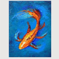 Koi Painting Original Art Fish small artwork 5 by 3.8 inches Underwater world Orange Koi fish art by Juliya JC