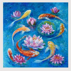 Koi Painting Original Art Fishes in the pond artwork 24 by 24 inch Water lilies art Koi fish Lotus oil painting
