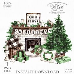 Merry Christmas Fireplace Clip Art. Digital Clipart, Hand Drawn Graphics, Digital Download. OliArtStudioShop