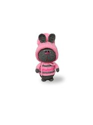 A gray rabbit with glasses and a pink hat, a Christmas gift for a child, a colleague