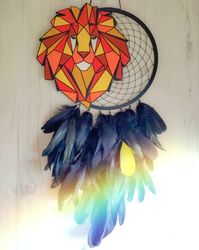 Interior dream catcher with a lion in the style of "geometry". Handmade dream catcher . Wall decor with lion