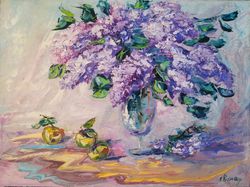 Lilac Flowers Vase Apples Impasto Oil Painting Original Artist Svinar Oksana
