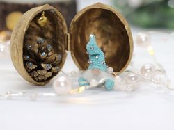 Christmas gnome micro crocheted Toy in a fairy house walnut shell dollhouse miniature funny gift for mom handmade gift