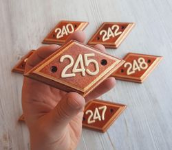 Wooden rhomb address number plate 245 - Soviet apartment door number sign vintage