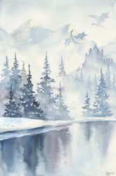 Norse dragon art Winter river, Fantasy watercolor painting, ORIGINAL watercolor