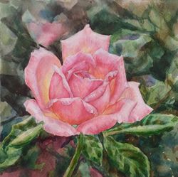 "Pink Rose" Flower Original Wall Art Painting Watercolor Artwork, 17x17cm.