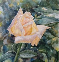 "Yellow Rose" Flower Original Wall Art Painting Watercolor Artwork, 17x17cm.