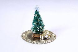 Miniature Christmas tree with presents on the tray. Dollhouse table top x-mas decoration diorama room box festive access