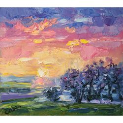 Landscape Original Painting Trees Sky Sunset Artwork Impressionism Art Plein Air Wall Art