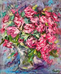 Roses Pink Red Flowers Impasto Glass vase Oil Painting Original Artist Svinar Oksana