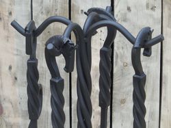 Wrought iron fireplace tools set, 5 Pieces (Poker, Shovel, Tongs, Broom, Stand) Hand forged, Blacksmith made