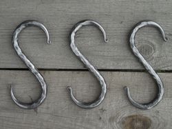 Set of 3 hand forged S hooks 4", Blacksmith made, Wrought iron, Pot rack, Utensil hook, Kitchen hardware, Hammered hooks