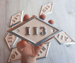 Metal rhomb big apartment number plaque 113 - Soviet vintage door address sign beige