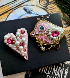 Set of brooches, bird, heart pin, bird brooch, heart brooch, jewelry set, gift for her, handmade brooch pin