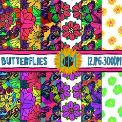 Butterflies Digital Paper set, 12 Flowers seamless patterns for scrapbooking and crafting