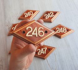 Wooden rhomb address number plate 246 - Soviet apartment door number sign vintage
