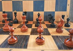 Red black Soviet antique weighted small chess pieces 1950s - old Russian wooden chessmen set vintage