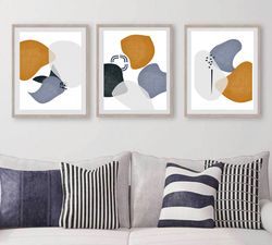 Abstract Set Of 3 Blue Yellow Art Three Prints Digital Download Abstract Painting Large Poster Living Room Wall Art