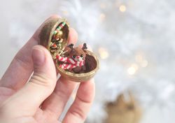 Christmas miniature deer in tiny house walnut box mini crochet animal cute gift for mom festive reindeer