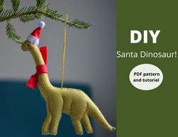 PDF sewing pattern Dinosaur with Santa hat Christmas ornament