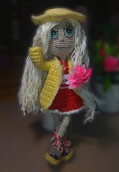 Crochet doll with blonde hair Handmade doll with clothes.Interior dolls. miniature doll