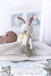 White Bunny Doll with clothes, Rabbit plush animal, Crochet Rabbit Toy, Woodland Nursery Decor, Collectible Stuffed Toy