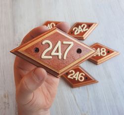 Wooden rhomb address number plate 247 - Soviet apartment door number sign vintage