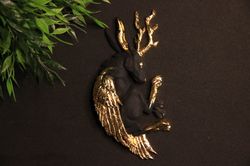Gold Wolpertinger forest rabbit with wings and horns gold hare