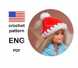 Christmas hat for Barbie crochet pattern, easy PDF download pattern for beginners, pattern for DIY Barbie outfit