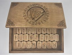 Rune set of Elder Futhark in a box with a hidden lock Secret of Valknut. Wooden runes in a box with puzzle lock.