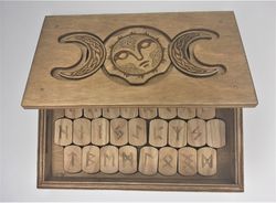 Rune set of Elder Futhark in a box with a hidden lock Secret of Triple Moon. Wooden runes in a box with puzzle lock.