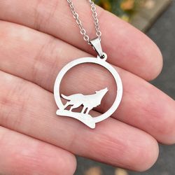 Wolf pendant, Stainless steel Animal necklace, Silver Howling wolf jewelry