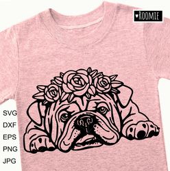 American Bulldog With Flower Crown Svg, English Bulldog SVG, Peeking dog Shirt Design Car Decal Clipart Cut file /100