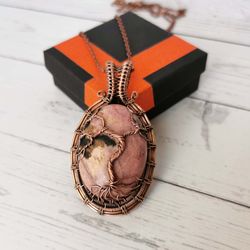 tree of life copper necklace. wire wrapped pendant with natural rhodonite.