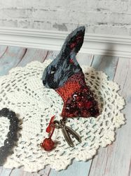 Embroidered brooch with a rabbit, called "Knitted sweater". With vintage scissor pendant.