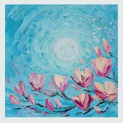 Magnolia painting Flower Small artwork Full moon night Original Art 6 by 6 inch Flowering branches painting by Juliya JC