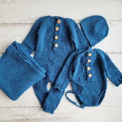 Blue tweed bonnet, romper, wrap. Newborn photo props.