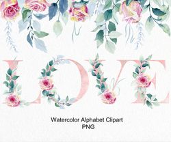 Watercolor wedding alphabet, png.