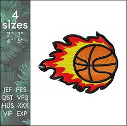 Burning basketball Embroidery Design, flying ball, 4 sizes
