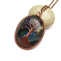 Blue Tigers Eye Necklace Tree Of Life Necklace Handmade Wire Wrapped Pendant Anniversary Gift For Husband Gift For Wife
