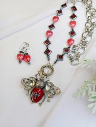 Red bee hearts necklace and earrings set, statement bee jewelry, bee gift, insect jewelry, heart earrings necklace set