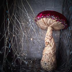 Mushroom Sculpture burgundy beaded .Soft textile burgundy christmas mushroom.