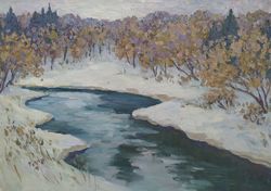 "thaw" painting original art river snow spring landscape picture