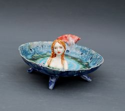 Ceramic berry bowl Mermaid figurine Blue vase with holes Candy bowl Fruit bowl