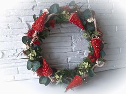 Wreath with fly agarics and flowers.Wreath for front door.Handmade Table decor.