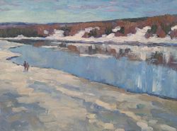 "Ice drift" Oil  Painting Original Art River Spring Landscape Picture