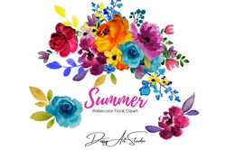 Bright watercolor floral clipart Digital download Aquarelle summer spring watercolor clip art flowers