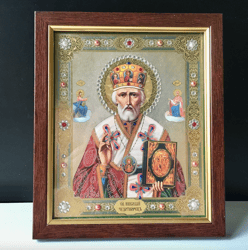 Saint Nicholas of Myra | In wooden frame with glass | Lithography icon | Size: 9,5" x 7,8"