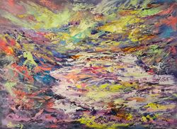 Stream River Mountains Original Oil Painting Borealis Aurora Artist Svinar Oksana